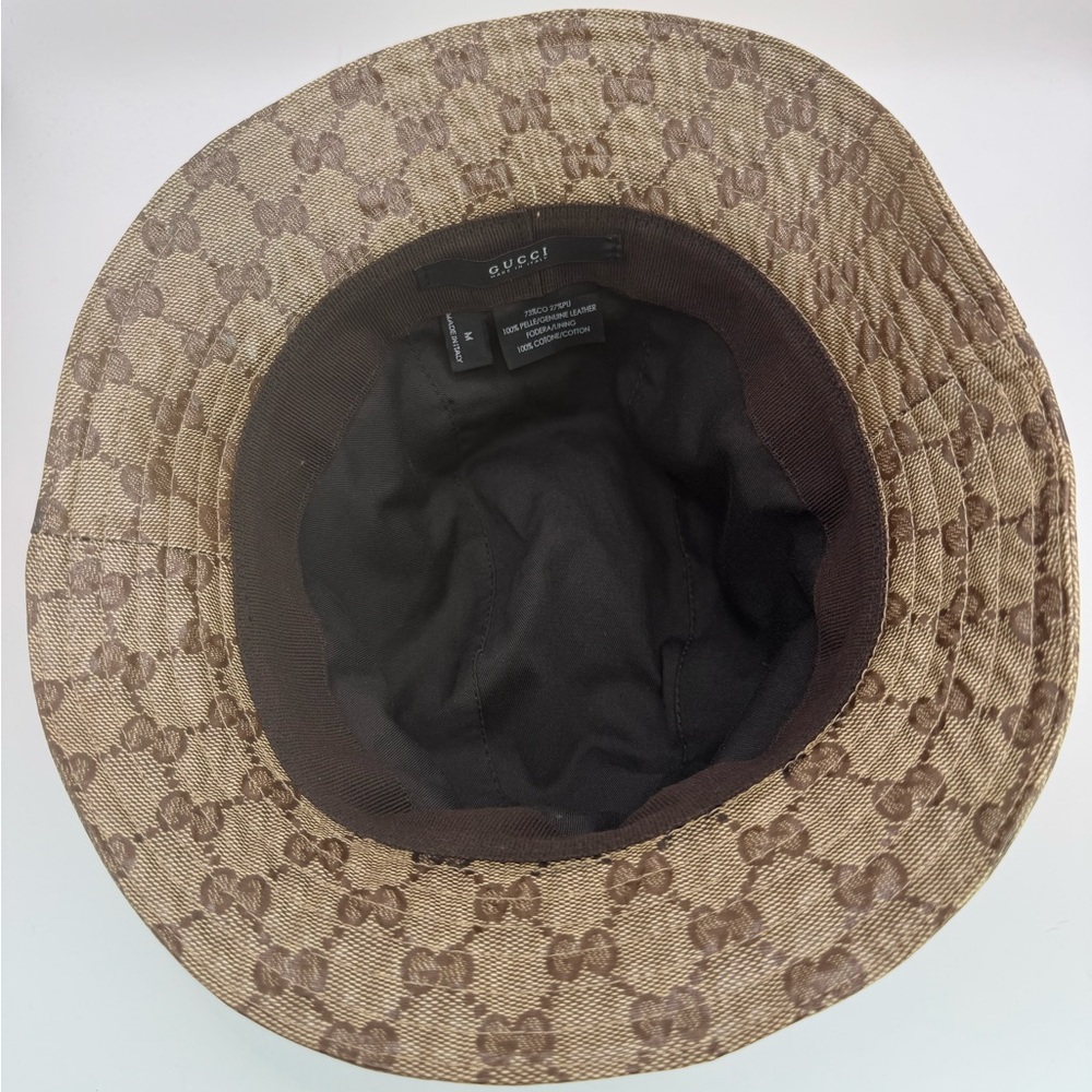 Gucci GG Monogram Bucket Hat Brown Canvas Leather Crest Logo Italy M - Picture 4 of 5